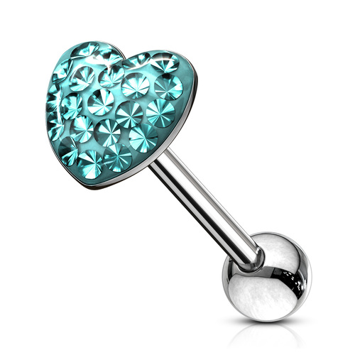 Heart shaped Tongue Barbell Piercing Jewelry AQUA BLUE Crystal Ball paved epoxy coated surgical steel