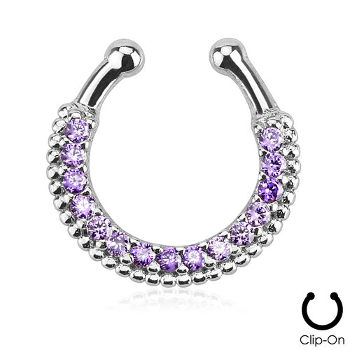 Single line paved PURPLE crystal gem STEEL rhodium ion plated brass non-piercing fake septum nipple